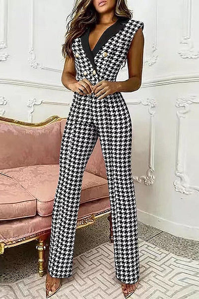 Houndstooth Button Lapel Neck Tank Jumpsuits