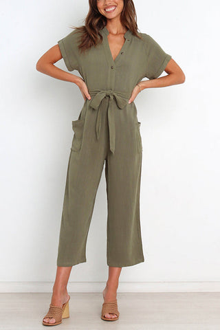 Button  V Neck Tie Front Jumpsuits