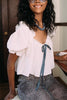 Bow Tie Low Back Puff Sleeve Blouse