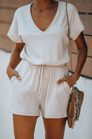 V Neck Pockets Drawstring Romper