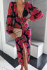 V Neck Puff Sleeve Slit Midi Dress
