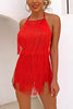 Halter Neck Open Back Tassel Hem Romper