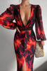 V Neck Puff Sleeve Slit Midi Dress