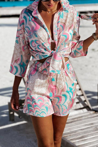Print Tie Blouse Short Set