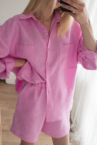 Solid Pockets Oversized Shirt Shorts Set