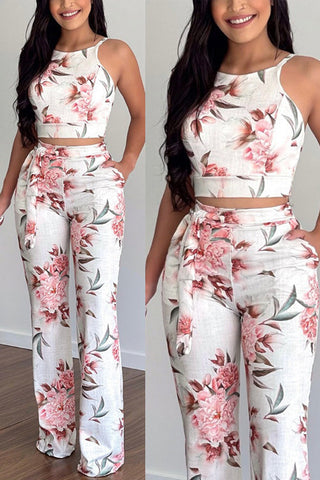 Print Halter Backless Crop Pants Set