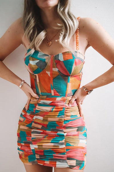 Chain Strap Multicolored Printed Dress