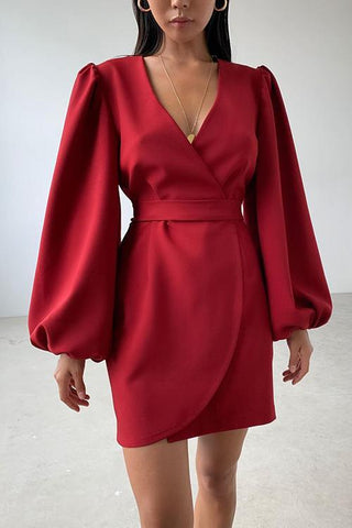 V Neck Puff Sleeve Slit Hem Mini Dress