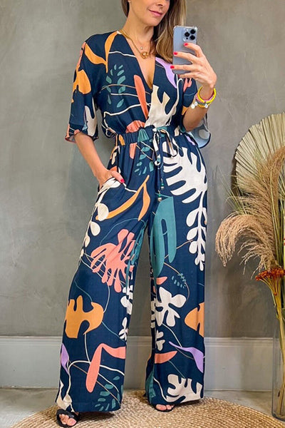 Print V Neck Bat Drawstring Jumpsuits