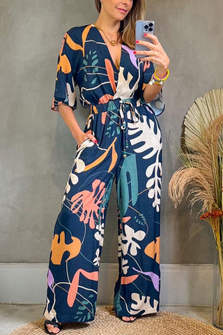 Print V Neck Bat Drawstring Jumpsuits