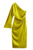 Satin One Shoulder Flares Sleeve Slit Midi Dress
