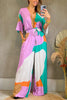 Print V Neck Bat Drawstring Jumpsuits