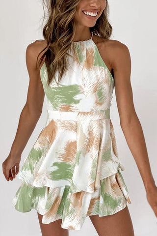 Print Trim Halter Neck Backless Romper