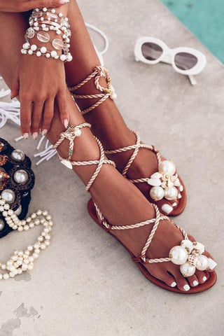 Pearl Lace Up Flat Sandals