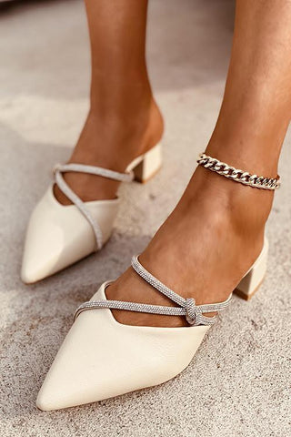 Rhinestone Decor Point Toe Chunky Heeled Mules