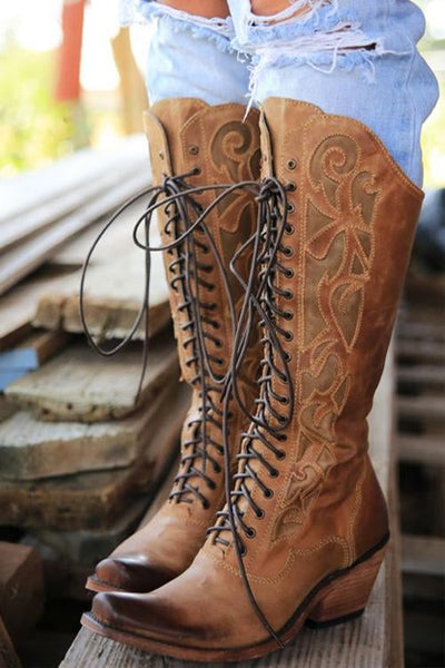 Laser Cut Lace Up High Boot