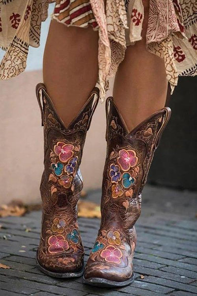 Embroidery Floral Slip High Boots