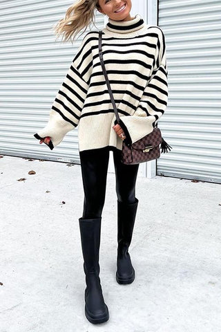 Stripe High Collar Flares Sleeve Sweater