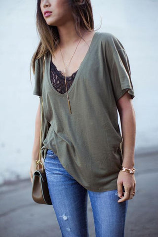 V Neck Long Sleeve Loose T Shirt