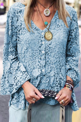 Lace Button Flares Sleeve T Shirt