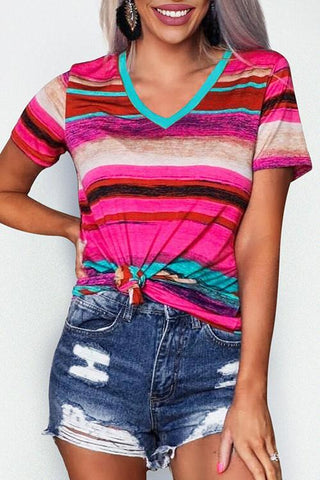 Colorful Stripe V Neck Short Sleev T Shirt