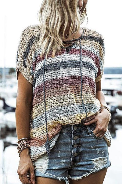 Colorful Lace Up Short Sleeve Knit T Shirt