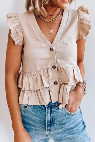 Button Ruffles V Neck Blouse