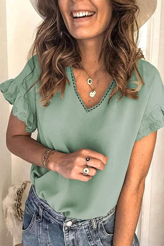 Solid V Neck Ruffles Blouse
