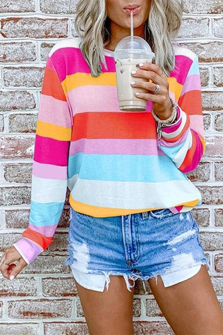 Rainbow Stripe O Neck Long Sleeve T Shirt