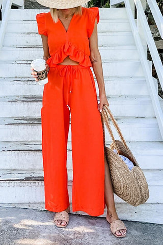Ruffles Crop Slit Pants Set