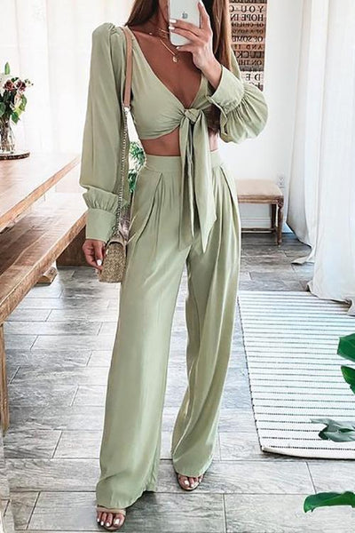 Knot Crop Top Wide Leg Pants Set