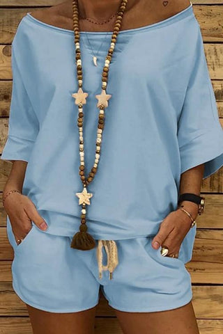 Solid Dew Shoulder T Shirt Shorts Sets