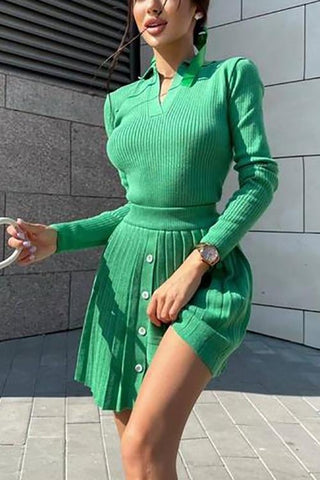 Pullover Swetaer Pleated Mini Skirt Set