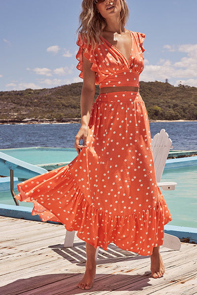 Poka Dot Ruffles V Neck Tank Skirts Set