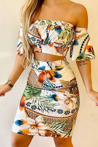 Print Off Shoulder Bodycon Skirt Set