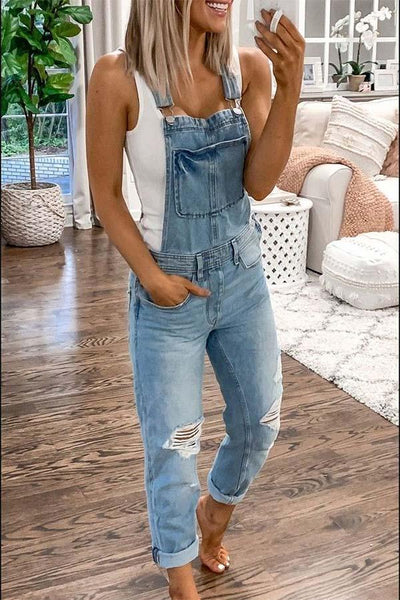 Lilipretty Blue Casual Plain Denim Ripped Jumpsuit