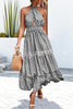 Floral Print Halter Neck Paneled Hollow Pleated Backless Maxi Dress