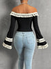 Stylish Flared Sleeves Lace-Up Tasseled Off-The-Shoulder T-Shirts Tops