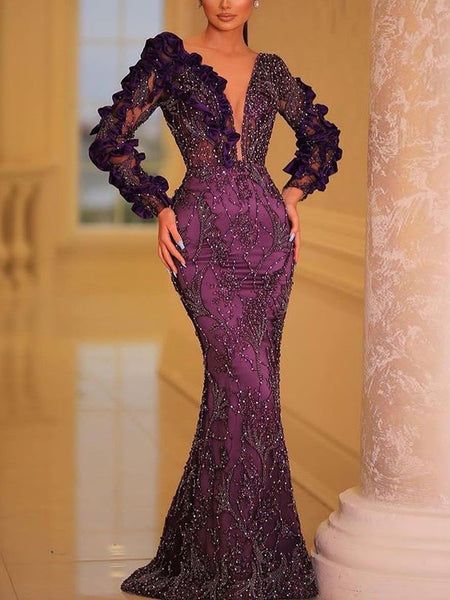 Long Sleeves Wrap Floral Printed Plunging Ruffled Shiny Maxi Dresses