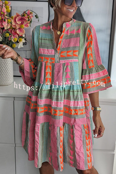 Just My Type Linen Blend Colorful Ethnic Print Bell Sleeve Babydoll Mini Dress