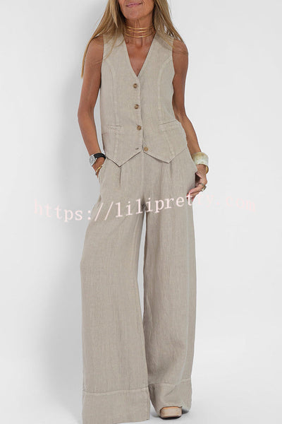 Eddie Linen Blend Button Vest and Elastic Waist Pocketed Wide Leg Pants Set