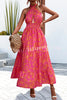 Floral Print Halter Neck Paneled Hollow Pleated Backless Maxi Dress