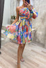 Vivid Visions Floral Print Pleated One Shoulder Sleeve Swing Mini Dress
