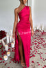 Fits Your Curves Satin One Shoulder Drape Slit Maxi Dress