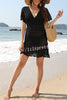 Simple V Neck Wavy Pattern Hollow Short Sleeved Cover Ups