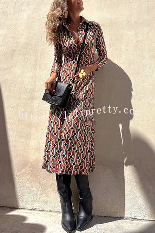 Classy Aura Chain Print Button Stretch Shirt Midi Dress