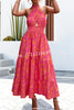 Floral Print Halter Neck Paneled Hollow Pleated Backless Maxi Dress