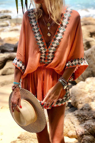 Print V Neck Bat Sleeve Romper