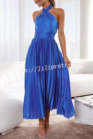 Beaming Smile Satin Halter Neck Pleated Midi Dress