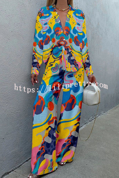 Colorful Art Print Button Wide Leg Pant Suit
